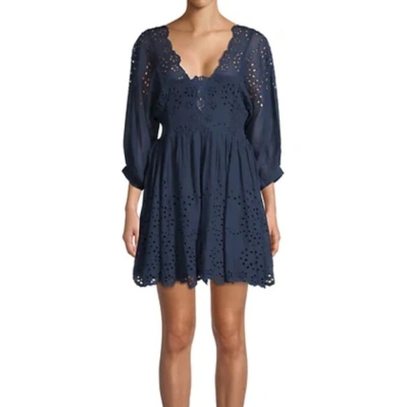 Free People Dresses & Skirts - Free People One Lottie Eyelet Lace Navy Mini Dress Women’s Size SP